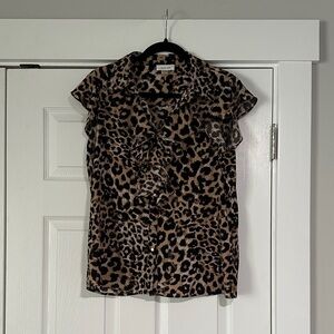 Calvin Klein Leopard Print Ruffle Front Blouse - Brown & Black